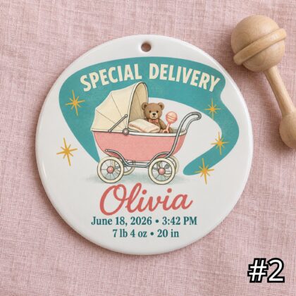 Alternative view of Personalized Baby Birth Ornament – Retro Special Delivery Ceramic Keepsake