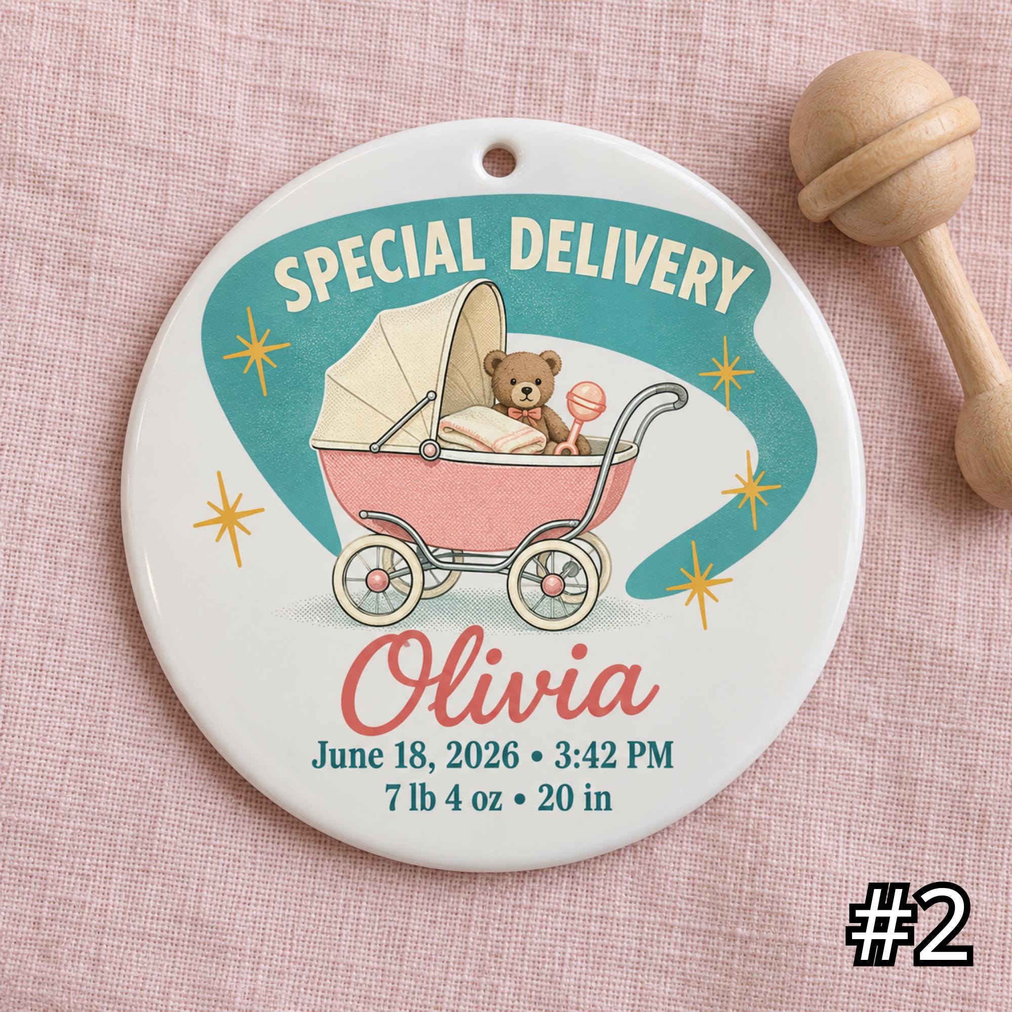 Personalized Baby Birth Ornament – Retro Special Delivery Ceramic Keepsake - Image 2