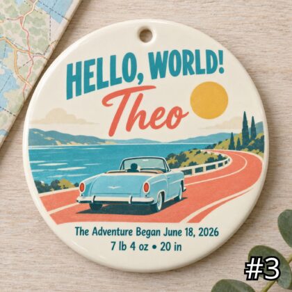 Personalized Baby Ornament – Little Cruiser Retro Car Ceramic Keepsake - Image 3