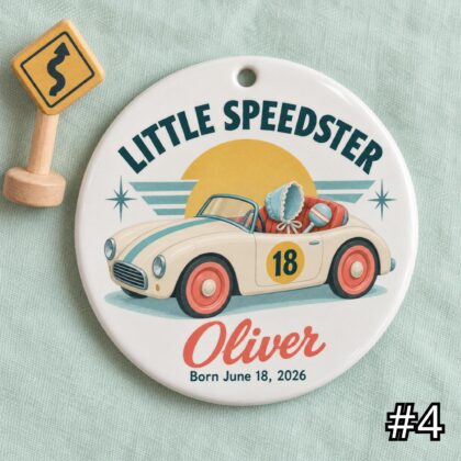 Personalized Baby Ornament – Little Cruiser Retro Car Ceramic Keepsake - Image 4