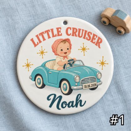 Personalized Baby Ornament – Little Cruiser Retro Car Ceramic Keepsake