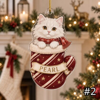 Alternative view of White Cat in Mitten Acrylic Ornament – Cute Kitten Peeking Out from a Christmas Mitten