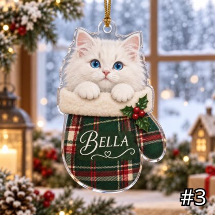 White Cat in Mitten Acrylic Ornament – Cute Kitten Peeking Out from a Christmas Mitten - Image 3