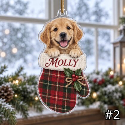 Alternative view of Golden Retriever in Mitten Acrylic Ornament – Cute Puppy Peeking Out from a Christmas Mitten