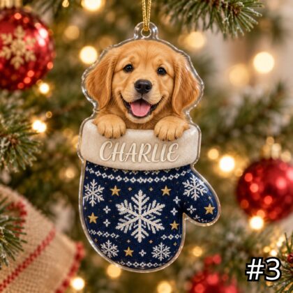 Golden Retriever in Mitten Acrylic Ornament – Cute Puppy Peeking Out from a Christmas Mitten - Image 3