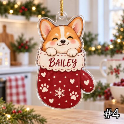 Corgi in Mitten Acrylic Ornament – Cute Puppy Peeking Out from a Christmas Mitten - Image 4