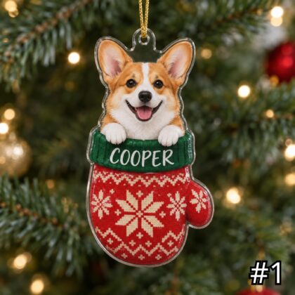 Corgi in Mitten Acrylic Ornament – Cute Puppy Peeking Out from a Christmas Mitten