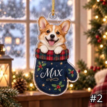 Alternative view of Corgi in Mitten Acrylic Ornament – Cute Puppy Peeking Out from a Christmas Mitten