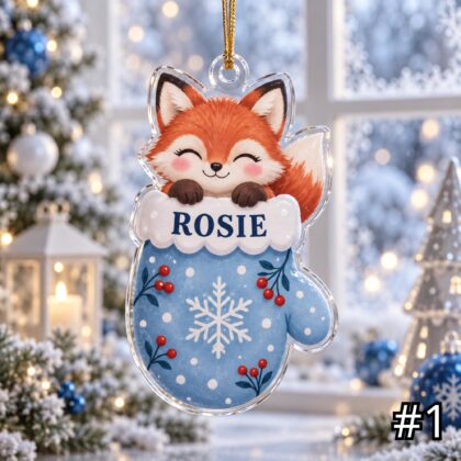 Red Fox in Mitten Acrylic Ornament – Cute Woodland Animal Peeking Out from a Christmas Mitten