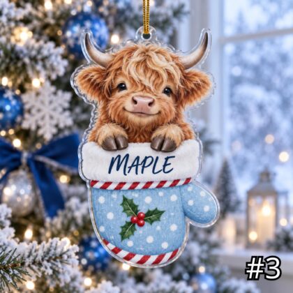 Highland Cow in Mitten Acrylic Ornament – Cute Farm Animal Peeking Out from a Christmas Mitten - Image 3