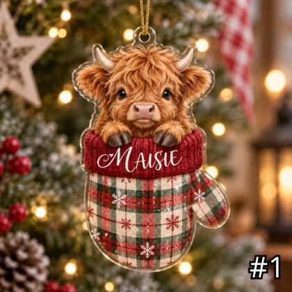 Highland Cow in Mitten Acrylic Ornament – Cute Farm Animal Peeking Out from a Christmas Mitten