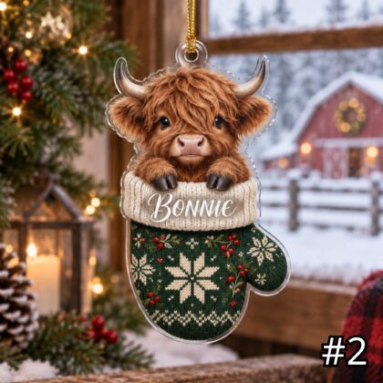 Alternative view of Highland Cow in Mitten Acrylic Ornament – Cute Farm Animal Peeking Out from a Christmas Mitten