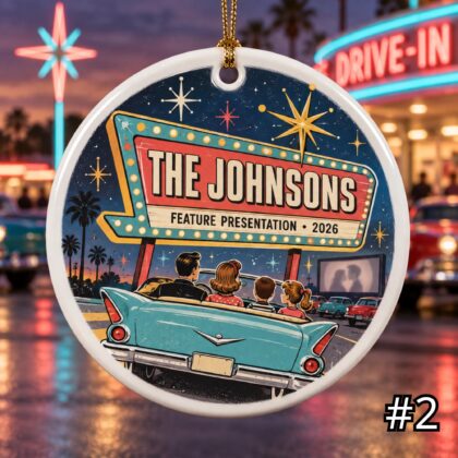 Alternative view of Personalized Family Drive In Ceramic Ornament – Retro 50s Movie Marquee Decor
