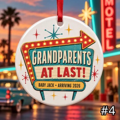 Personalized New Grandparents Ceramic Ornament – Promoted to Grandma and Grandpa Retro 50s Baby Announcement - Image 4