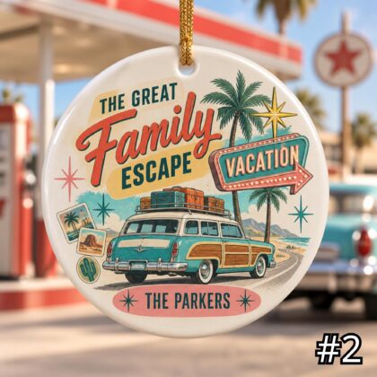 Alternative view of Personalized Family Road Trip Ceramic Ornament – Retro 50s Travel Keepsake