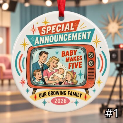 Personalized Growing Family Ceramic Ornament – Retro 50s New Baby Adoption or Blended Family Gift