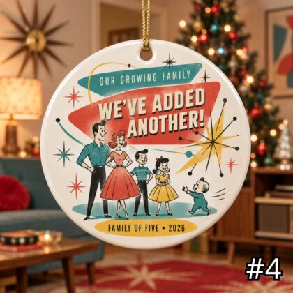 Personalized Growing Family Ceramic Ornament – Retro 50s New Baby Adoption or Blended Family Gift - Image 4