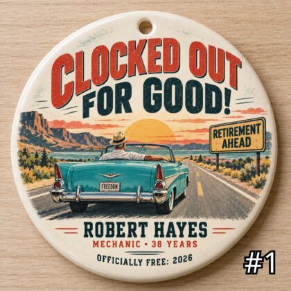Personalized Retirement Ceramic Ornament – Clocked Out for Good Retro 50s Gift