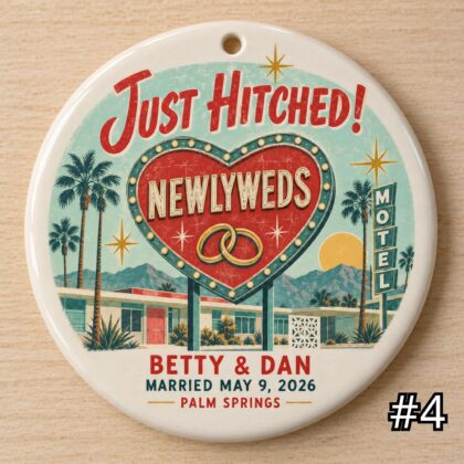 Personalized Wedding Ceramic Ornament – Just Hitched Retro 50s Couple Gift - Image 4