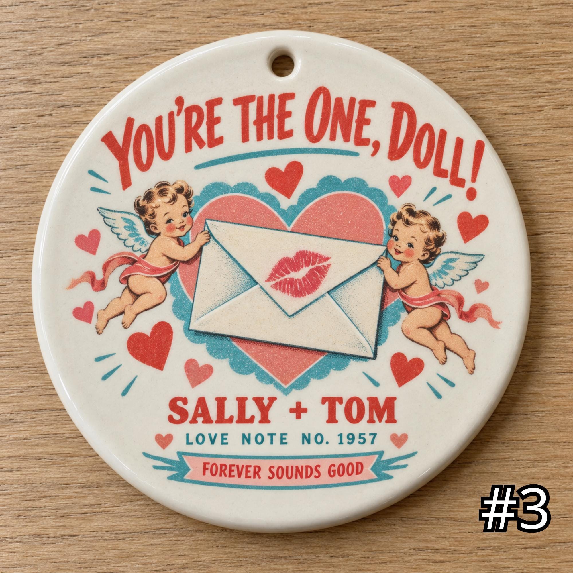 Personalized Couple Ceramic Ornament – You're the One Doll Retro 50s Valentine Gift - Image 3