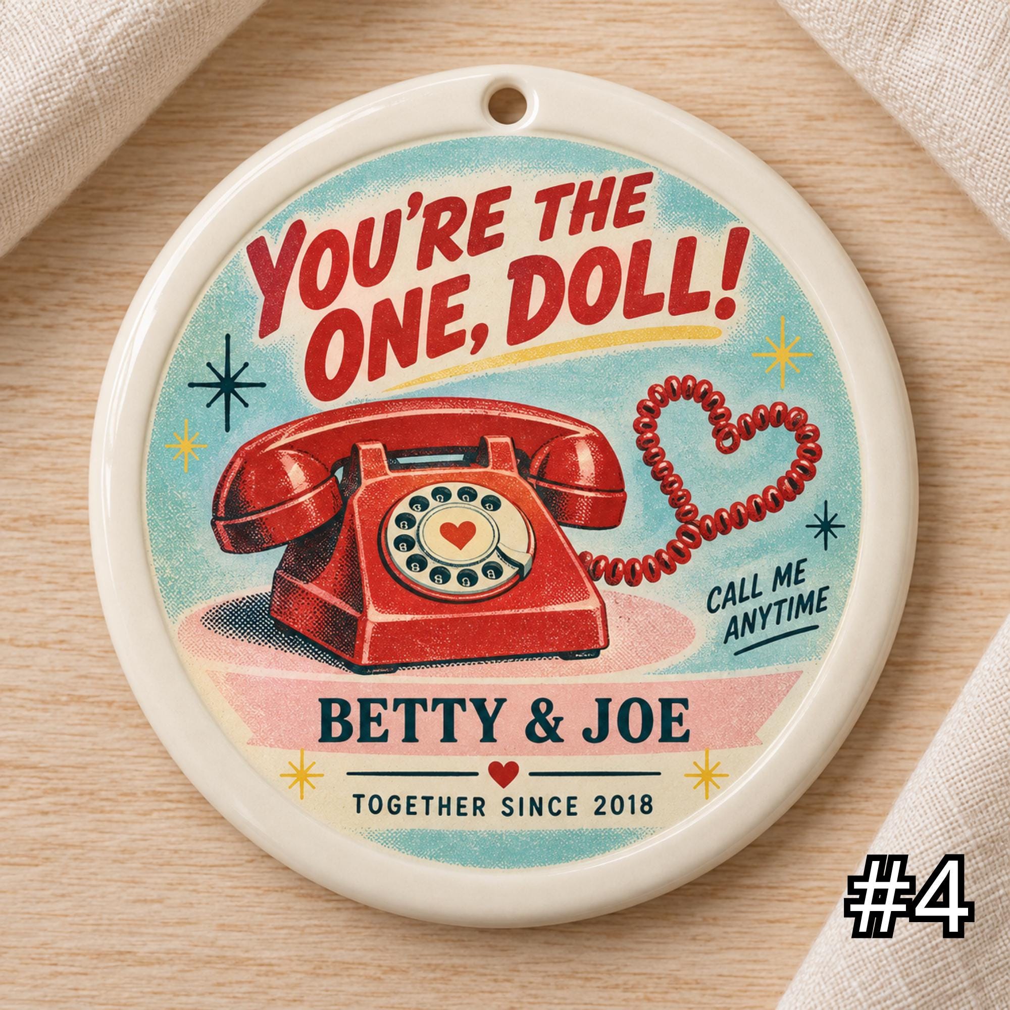 Personalized Couple Ceramic Ornament – You're the One Doll Retro 50s Valentine Gift - Image 4
