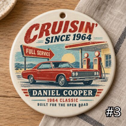 Personalized Classic Car Ceramic Ornament – Retro 50s Car Lover Gift - Image 3