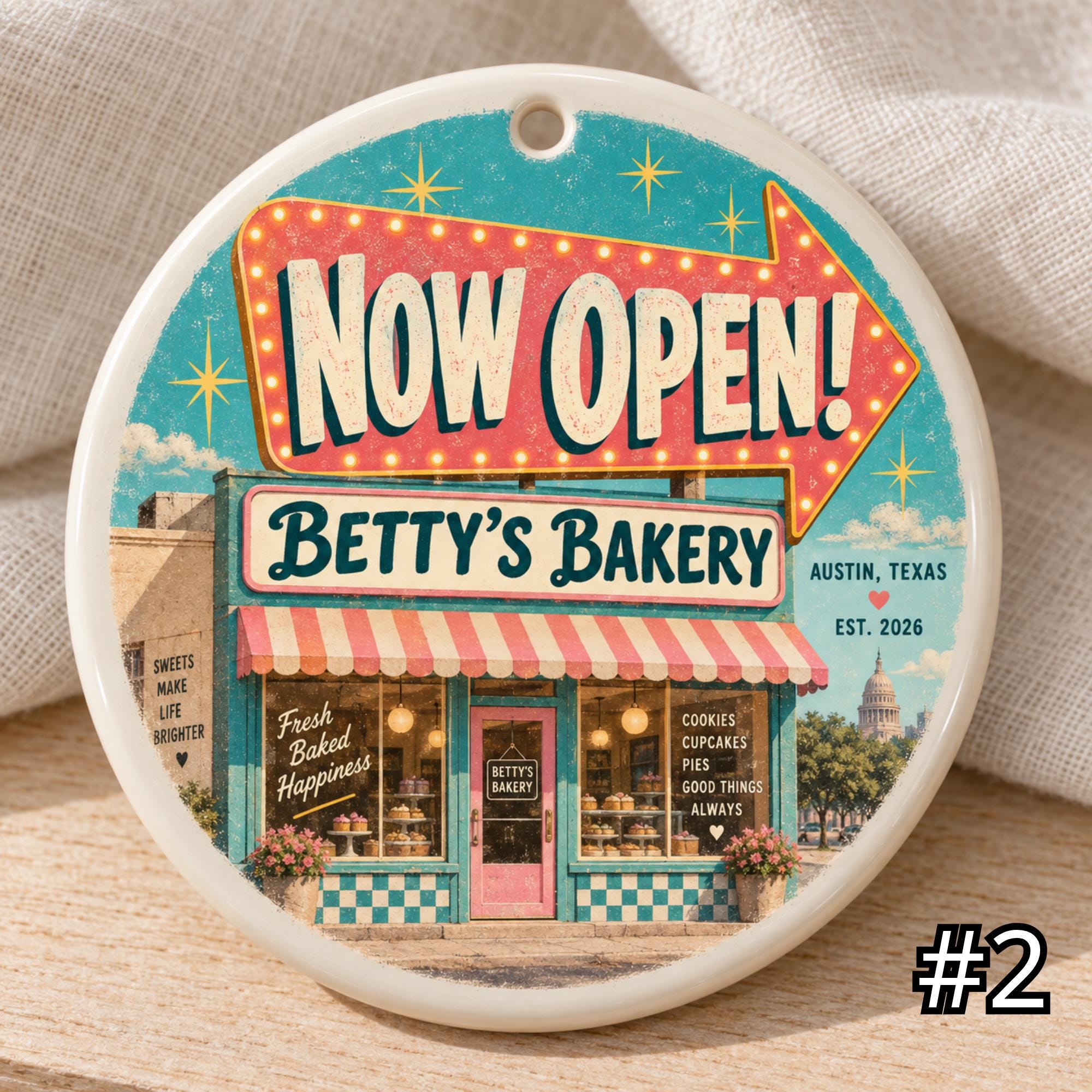 Personalized Business Opening Ceramic Ornament – Now Open Retro 50s Shop Gift - Image 2