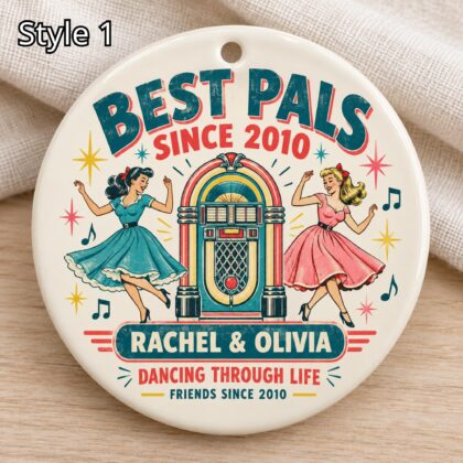 Personalized Best Friends Ceramic Ornament – Retro 50s Sock Hop Partners Gift