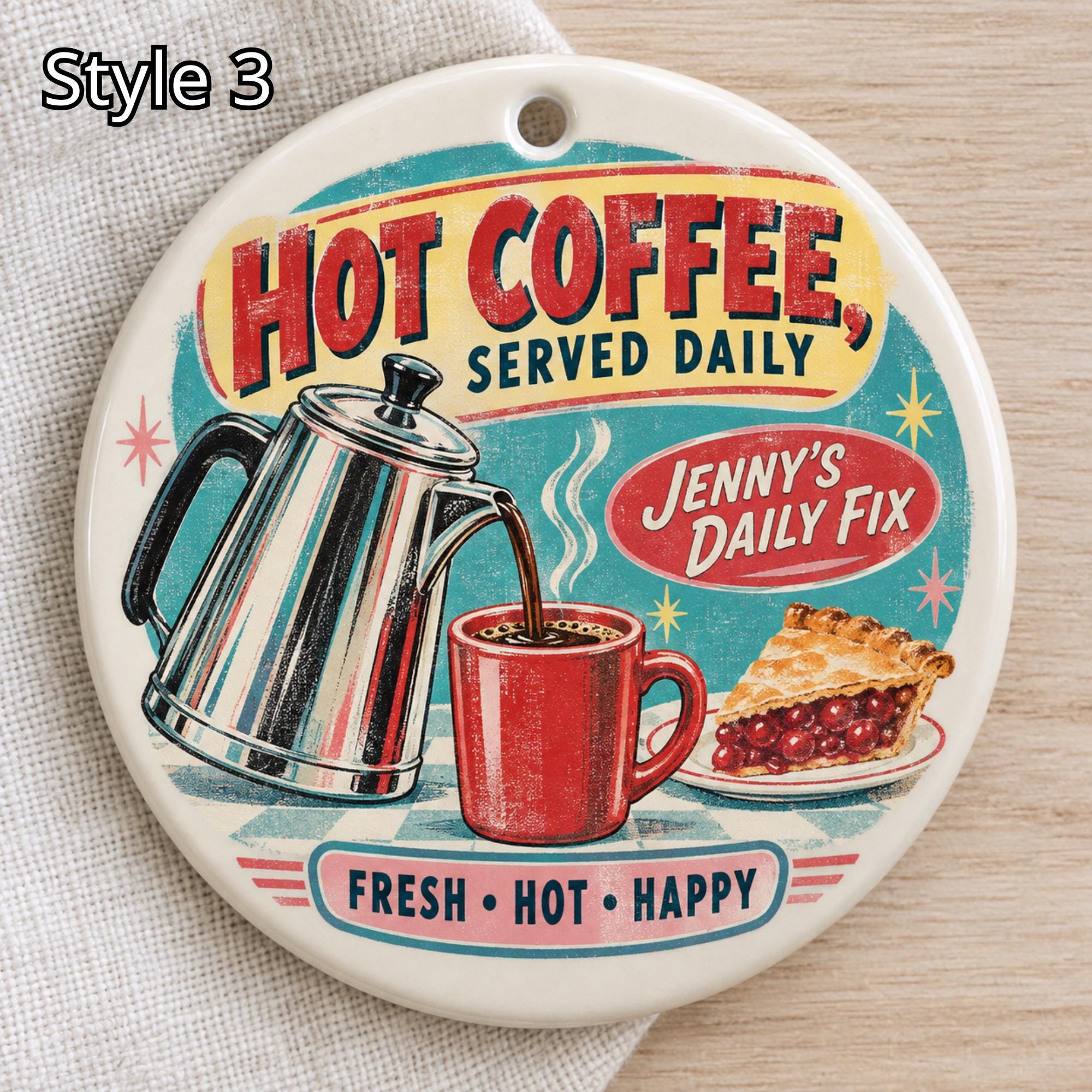 Personalized Coffee Lover Ceramic Ornament – Retro 50s Diner Kitchen Gift - Image 3