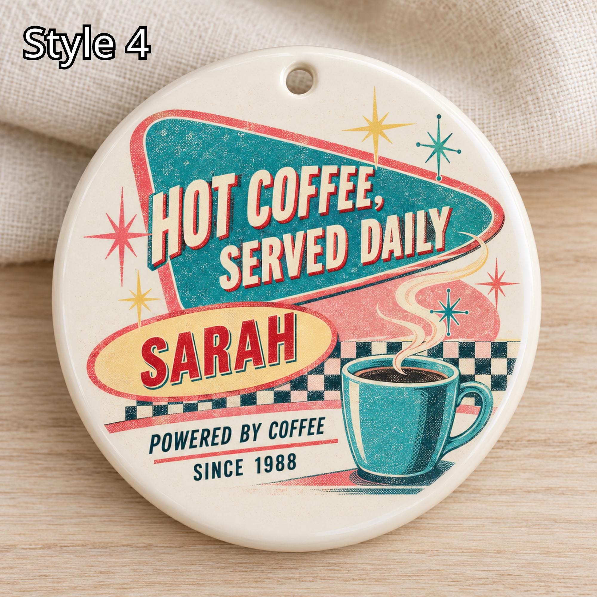Personalized Coffee Lover Ceramic Ornament – Retro 50s Diner Kitchen Gift - Image 4