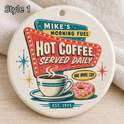 Personalized Coffee Lover Ceramic Ornament – Retro 50s Diner Kitchen Gift