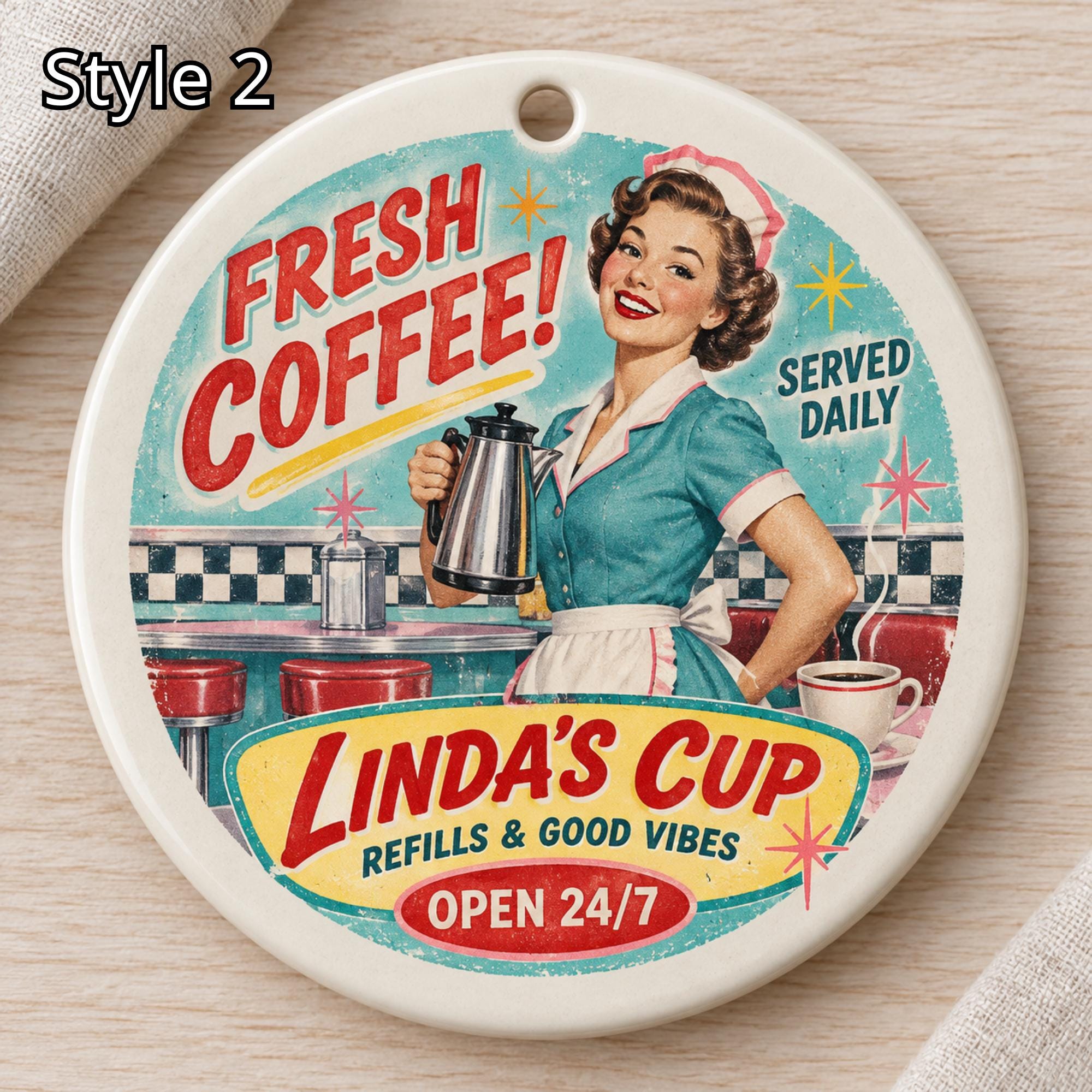 Personalized Coffee Lover Ceramic Ornament – Retro 50s Diner Kitchen Gift - Image 2