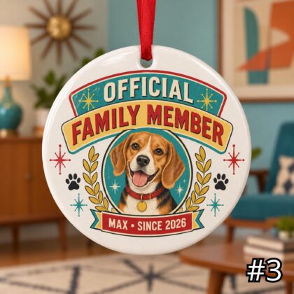 Personalized Gotcha Day Ceramic Ornament – Retro 50s Motel Sign Pet Adoption Gift - Image 4