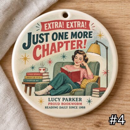 Personalized Book Lover Ceramic Ornament – One More Chapter Retro 50s Reader Gift - Image 4