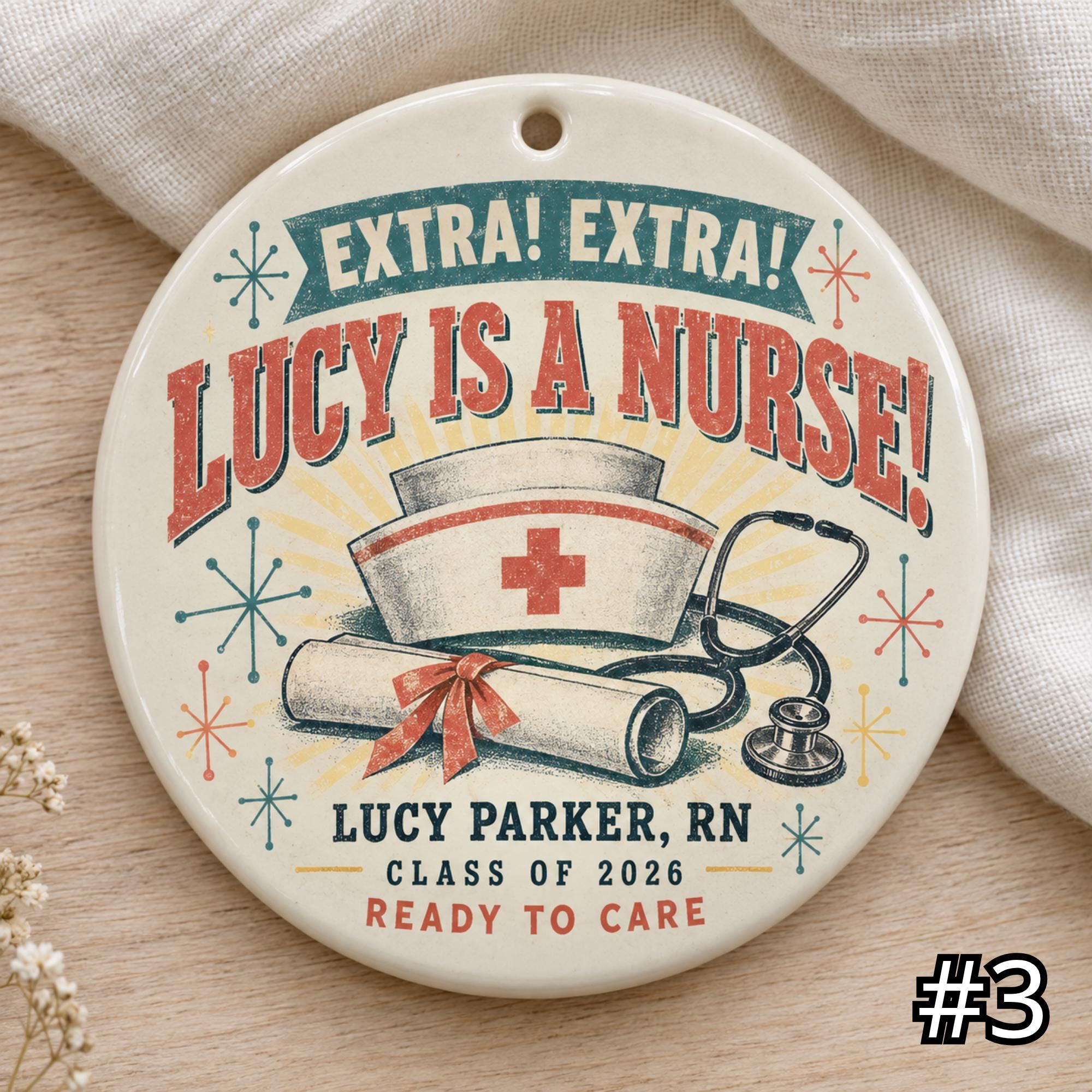 Personalized Nurse Ceramic Ornament – Care with Style Retro 50s Healthcare Gift - Image 3