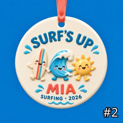 Alternative view of Personalized Surfing Ceramic Ornament – Cute Surf Characters