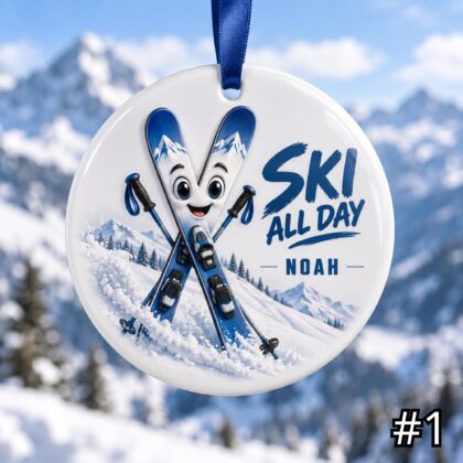 Personalized Skiing Ceramic Ornament – Cute Ski Gear Christmas Decoration