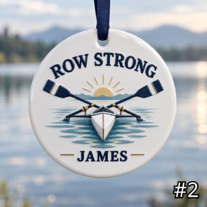 Alternative view of Personalized Rowing Ceramic Ornament – Cute Oar and Boat Christmas Decoration