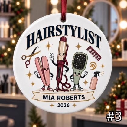 Personalized Hairstylist Ceramic Ornament – Custom Stylist Name Job Title Year and Salon - Image 3