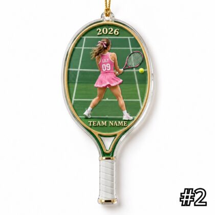 Alternative view of Personalized Tennis Racket Ornament – Custom Player Name and Team Name Acrylic Christmas Keepsake