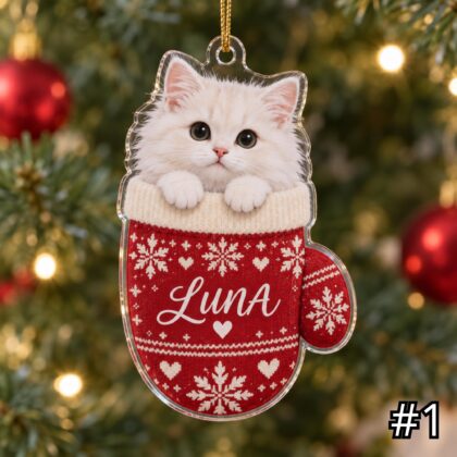 White Cat in Mitten Acrylic Ornament – Cute Kitten Peeking Out from a Christmas Mitten
