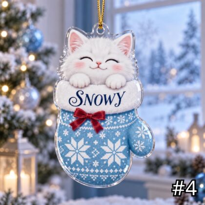 White Cat in Mitten Acrylic Ornament – Cute Kitten Peeking Out from a Christmas Mitten - Image 4