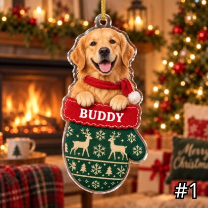 Golden Retriever in Mitten Acrylic Ornament – Cute Puppy Peeking Out from a Christmas Mitten