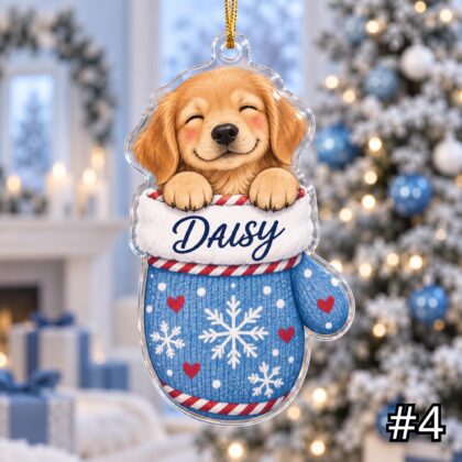 Golden Retriever in Mitten Acrylic Ornament – Cute Puppy Peeking Out from a Christmas Mitten - Image 4