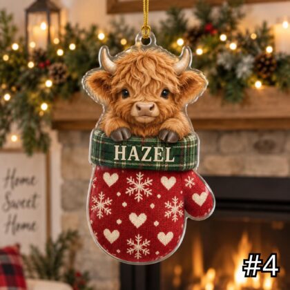 Highland Cow in Mitten Acrylic Ornament – Cute Farm Animal Peeking Out from a Christmas Mitten - Image 4