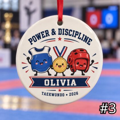 Personalized Taekwondo Ceramic Ornament – Cute Dobok and Black Belt Christmas Decoration - Image 3