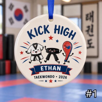 Personalized Taekwondo Ceramic Ornament – Cute Dobok and Black Belt Christmas Decoration