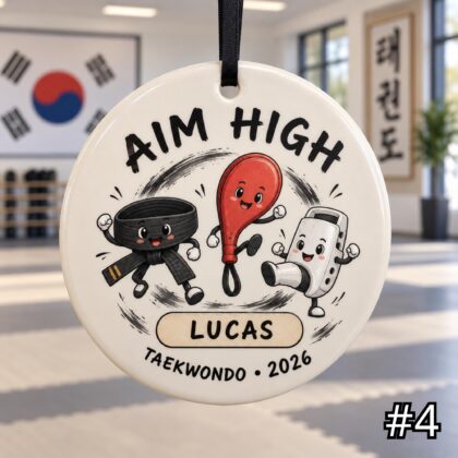 Personalized Taekwondo Ceramic Ornament – Cute Dobok and Black Belt Christmas Decoration - Image 4