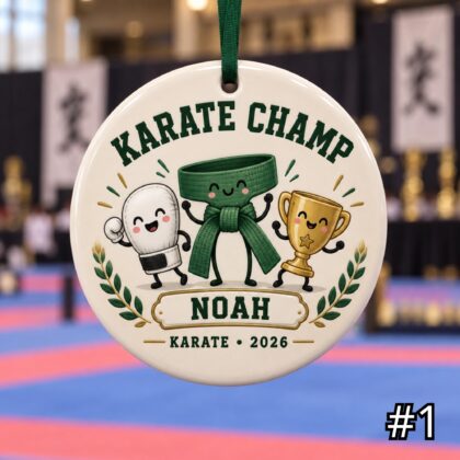 Personalized Karate Ceramic Ornament – Cute Karate Gi and Black Belt Christmas Decoration