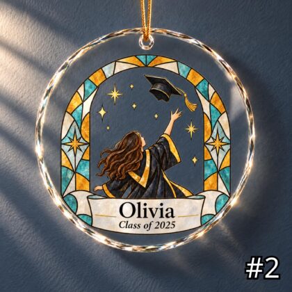 Alternative view of Personalized Graduation Cap Toss Glass Ornament – Custom Graduate Name and Class Year